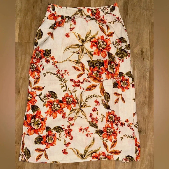 JOIE HAWAIIAN FLORAL WRAP SKIRT LINEN ORANGE GREEN SIZE MEDIUM Tropical - Picture 8 of 9